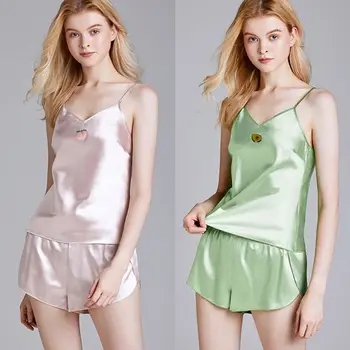 

Women Summer Pajamas Set Silky V-Neck Camisole Shorts Fruit Embroidery Sleepwear