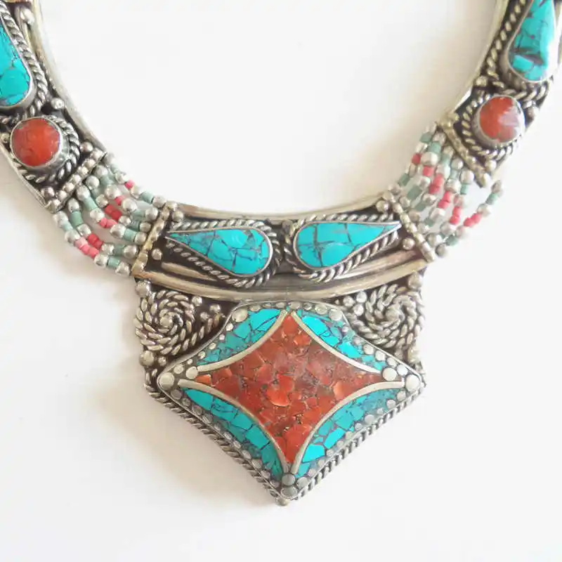 Непальское, индийское, медное инкрустированное ожерелье с цветным камнем, тибетское ювелирное изделие, распродажа TNL583 - Окраска металла: F.