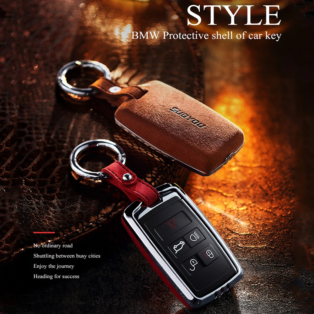 

Remote Suede Leather Car Key Case Cover For Land Rover Evoque Velar Discovery 5/Jaguar E-Pace 2018 2019 fob 5 Buttons Smart Key