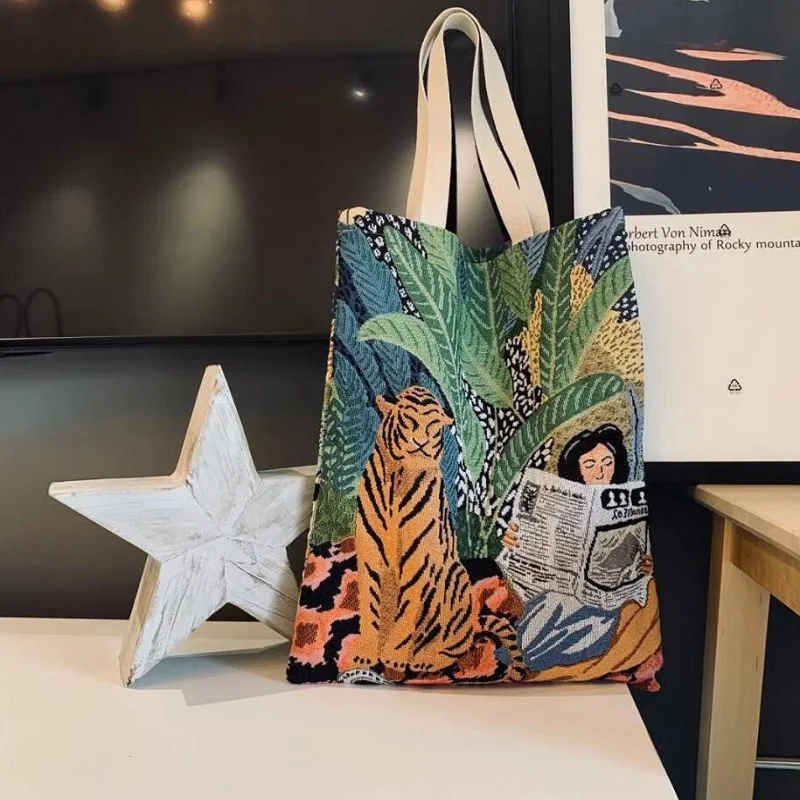Tote Canvas Tiger Folding Reusable Large New Girl And Unisex Jacquard