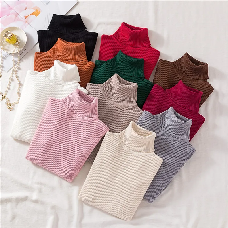 

2019 Autumn Winter Turtleneck Sweater Women Long Sleeve Pullover Ladies New Warm Jumper Knitted Sweaters Solid Bottoming Tops