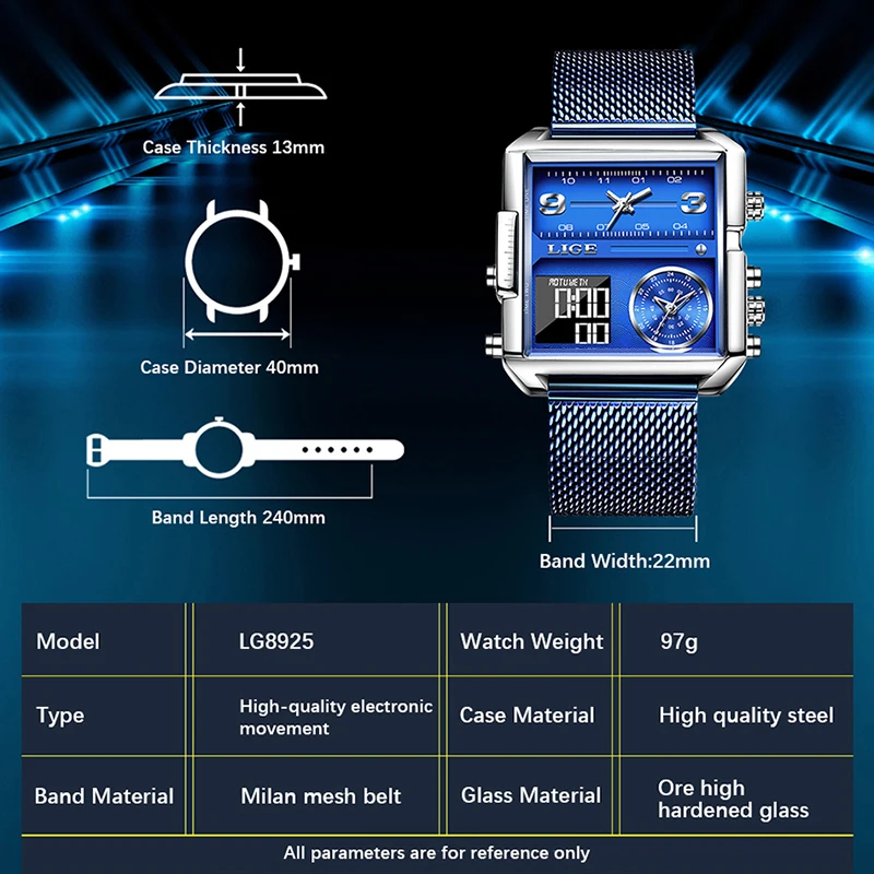 LIGE Brand Men Sport Watches 3 Time Zone Big Man Fashion Military LED Watch Ultra-thin Mesh Men Quartz Wristwatches Reloj Hombre