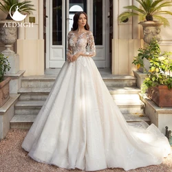 Aedmgh A-Line Luxury Wedding Dresses 2021 Sweetheart Long Sleeve Vestido De Novia Lace Appliques Sequined Empire Bridal Gown