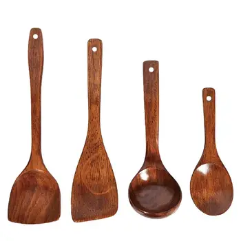 

4pcs Wooden Cooking Tool Sets Wooden Soup Spoon Practical Spatula Food Serving Scoop Kitchen Utensil Wood Tableware For Home