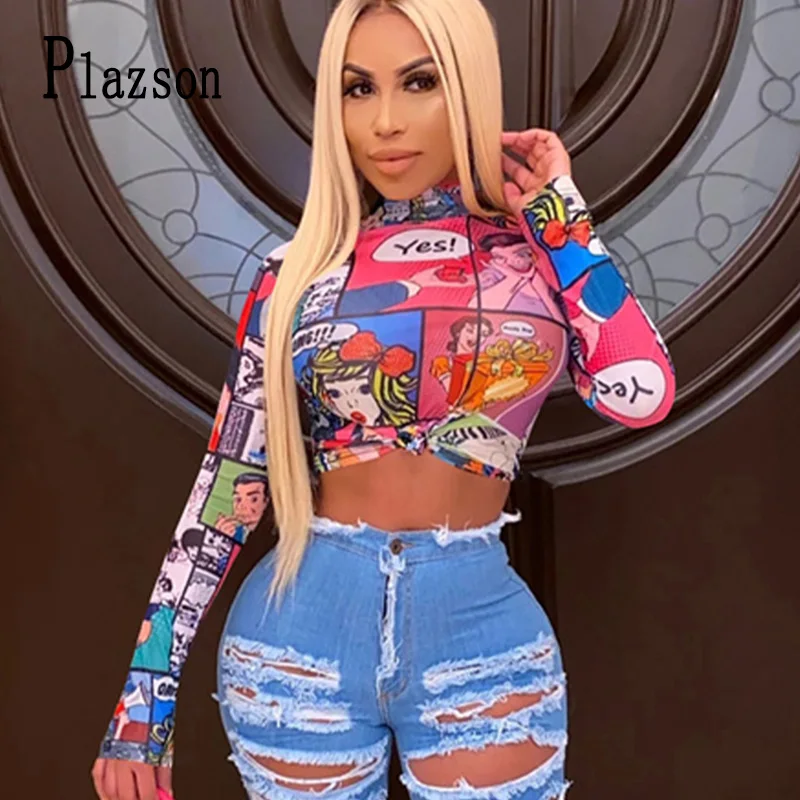 Tops Women Fashion Casual Autumn Long Sleeve T-shirt Printed Comic Pattern Short Style Slim tshirt streetwear Young Female top | Женская