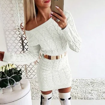 

New 2020 Autumn Winter elegant knitted Sweater Dress Women black white Sweater dress Sexy solid ladies winter Sweater Dress