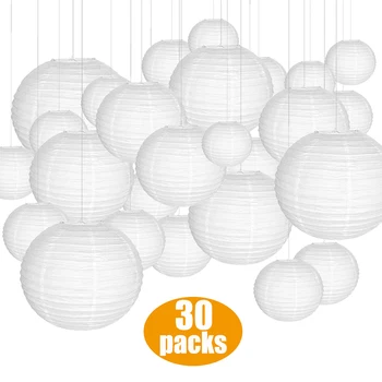 

30 pcs White Paper Lanterns/Led Lights Assorted Sizes of 4"-14" Chinese Lampion for Weddings Baby Shower Xmas Parties and Events
