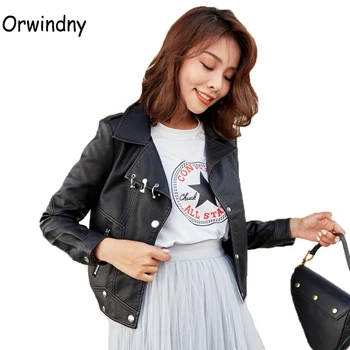 

2020 Motorcycle Leather Jacket Women Black Small Short Slim Leather Coat Female Loose Pockets Leather Clothing Orwindny