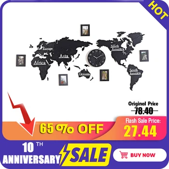 

World Map Wall Clock Living Room Creative Clock Decoration 3d Photo Frame Clock Mute Diy Clock Mirror Wooden Clock Wall Watch