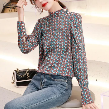

Women's Top 2020 Spring New Plus Size Long Sleeve Print Blouse Women Clothing Casual Stand Collar Pullover Shirts Women 8113 50