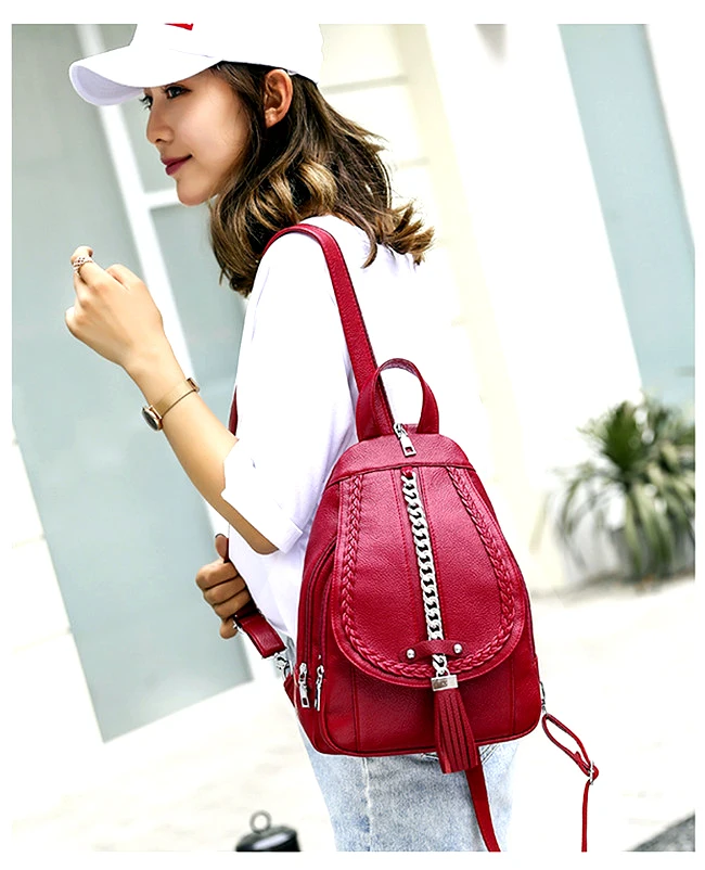 Женский дизайнерский рюкзак, Высококачественная кожаная женская сумка, модные школьные сумки для девочек, красный рюкзак с кисточками, многофункциональная водонепроницаемая сумка