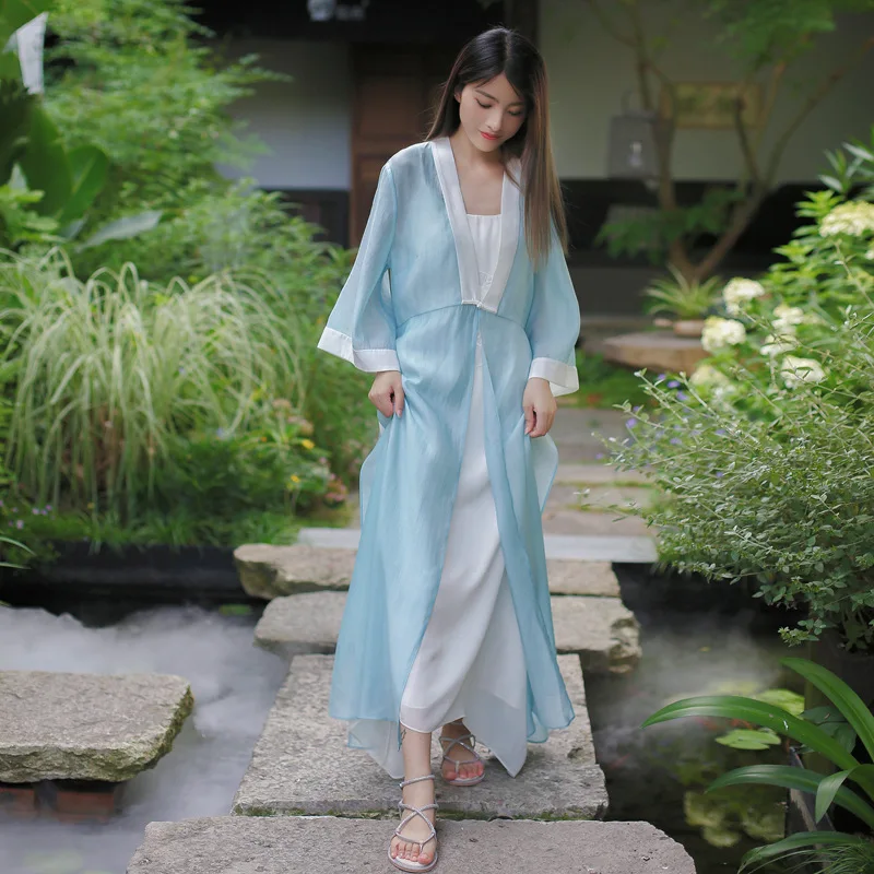 

2019 Autumn Chinese Retro Style Big V Collar Women White Blue Straight Dress Tea Suit Half Flare Sleeve Loose Dress Hanfu