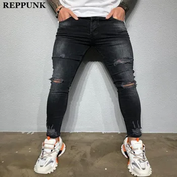 

REPPUNK 2020 Black Stretch Skinny Fit Jeans Men Knee Ripped Distressed Hole biker jeans Pants Hip Hop Street Big Size XXXL