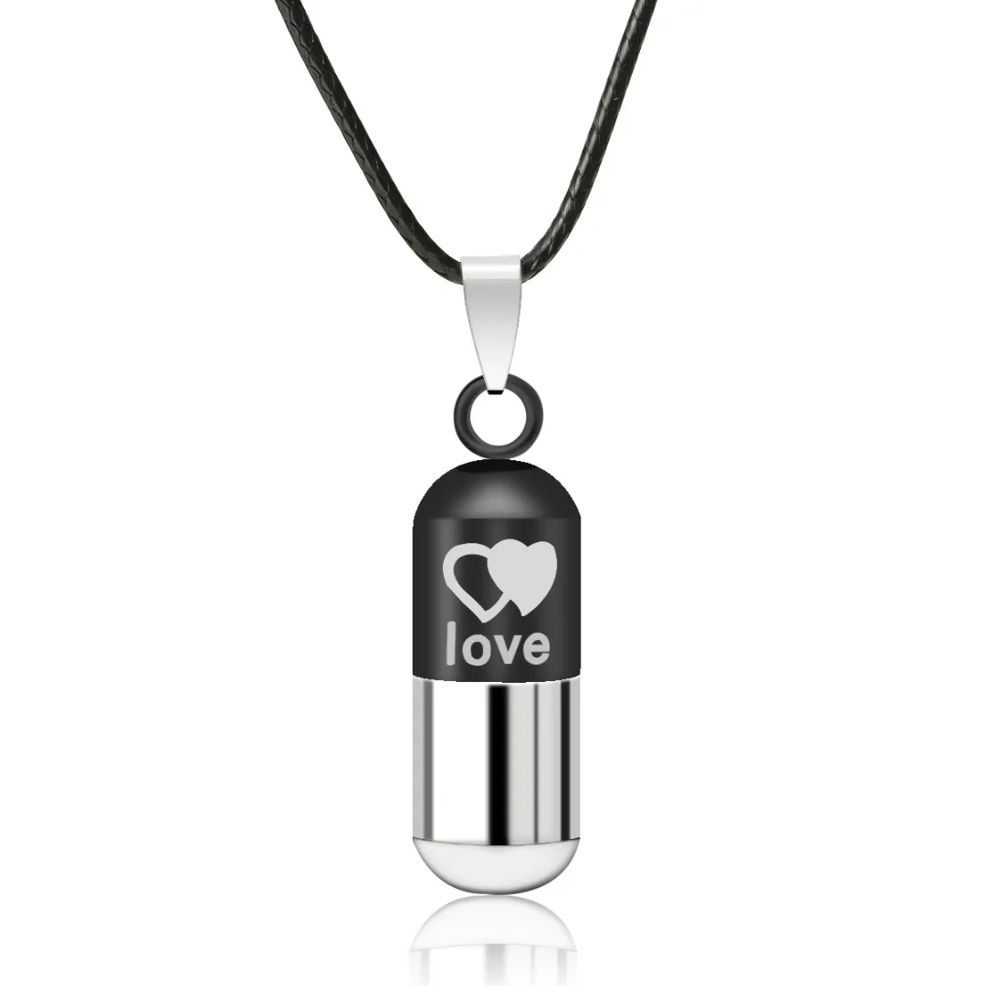 Classic Retro Unisex Metal Urn Cremation Love Pill Box Pendant Necklace Ash Holder Punk Leather Chain Keepsake Vintage Jewelry