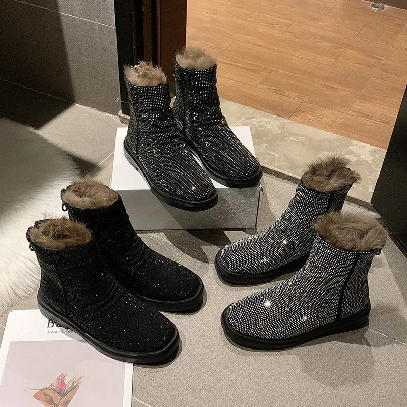

Lady Boots Lace Up Rock Shoes Woman Low Heels booties Round Toe Crystal Luxury Designer Ladies Martins Padded Riding Rhinestone