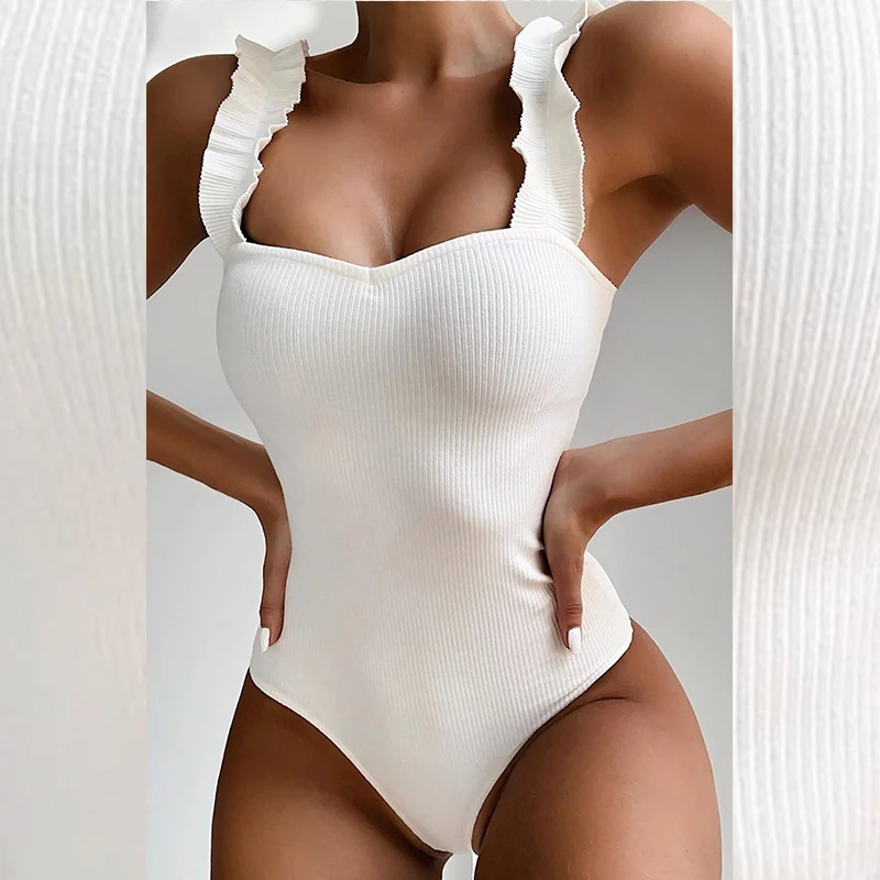 

Sexy White High Cut One Piece Swimsuit Women Ribbed Swimwear Female 2019 Thong Monokini Bodysuit Brazilian Ruffled Bathing Suit