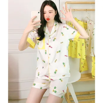 

Summer Women Satin Pajamas Sets Print Short Sleeve Shorts Sleepwear Girls Nightwear Lovely Homewear