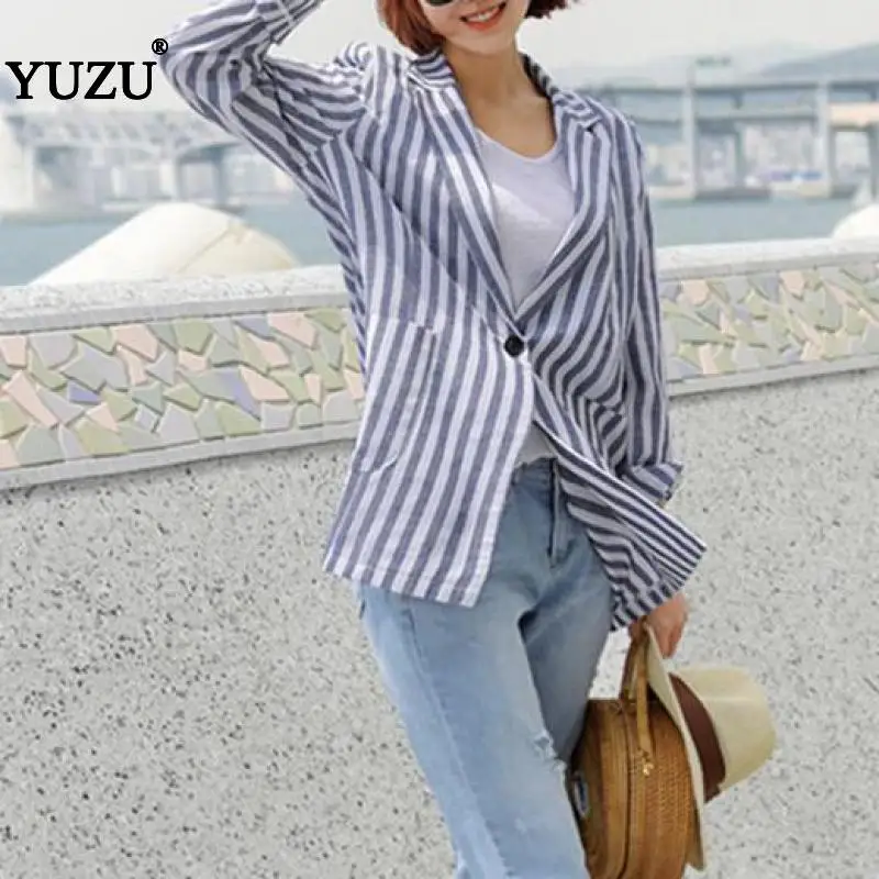 

Women's Blazers Blue Striped Pockets Long Sleeve Fall Linen Jacket For Women Vintage Tops One Button Long Sleeve Office Wear