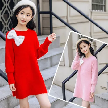 

Teenage Girls Winter Dress Princess Thick Bow Velvet Knitted Sweaters Kids Dresses for Girls Clothes Kids Costume 12 13 14 Year
