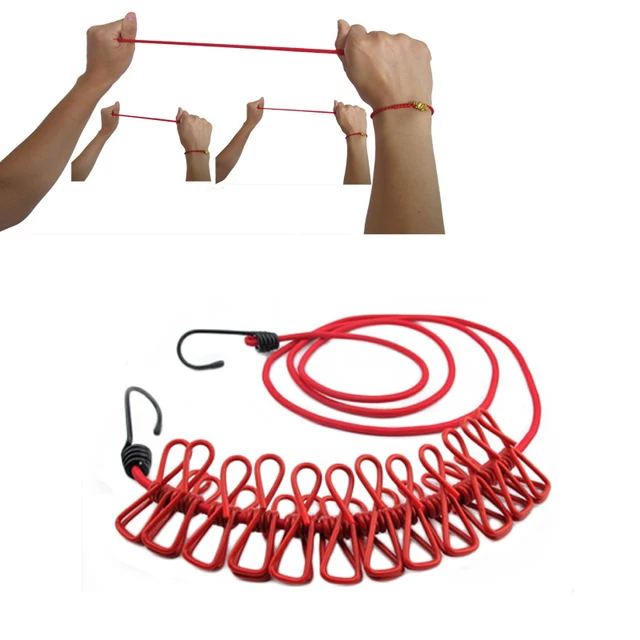 Kültéri Kemping Rugalmas Szárítókötél Utazás Kényelmes Ruhákkal Zokni Klipekkel Kötélen Elasztikus Kötél Tartós Piros - Image 4