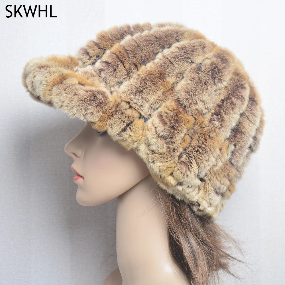 

Hot Sale Russian Women Winter Real Rex Rabbit Fur Hat Striped Warm Natural Rex Rabbit Fur Caps Knitted Lady Real Fur Bomber Hat