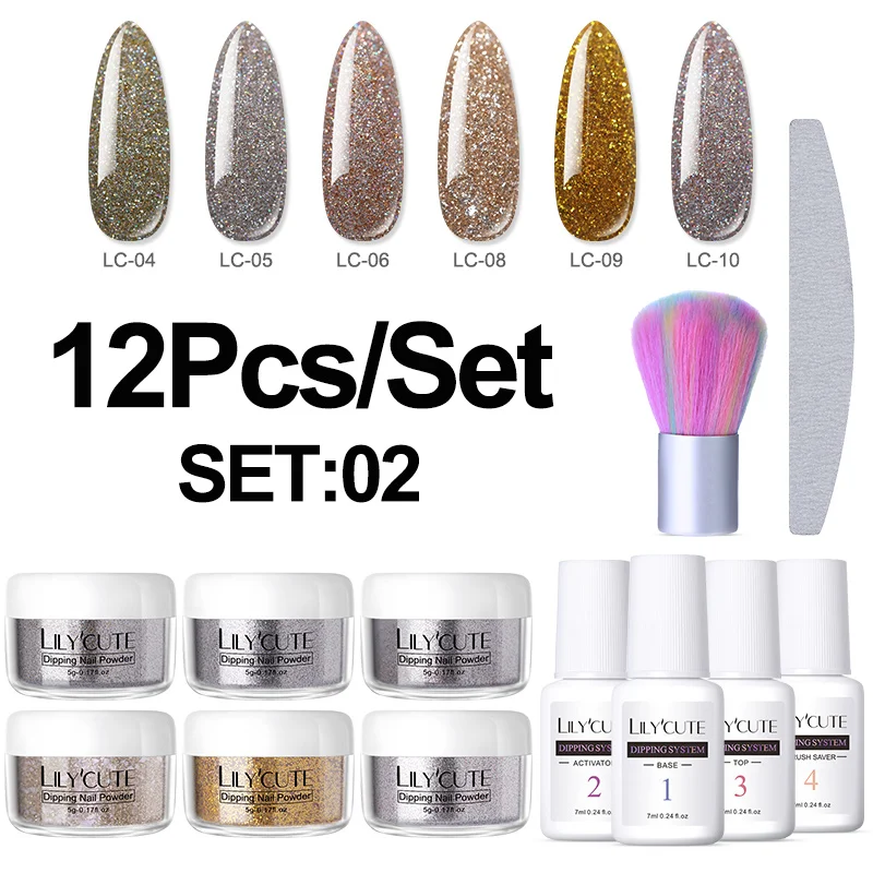 12 Pcs Set2 LILYCUTE 8 шт./компл. голографическая погружения ногтей Блеск порошок Наборы градиент французский гвоздь натуральный Цвет пигмента сухой без лампы для лечения - Цвет: 12 Pcs Set2