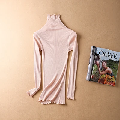 Sweater Women pullovers 80% Natural Silk 20% Cotton turtleneck Rib knits shirt long sleeved sweater Fall winter tops jumper - Цвет: Lotus color