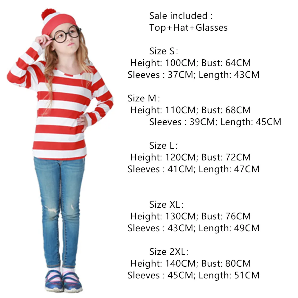 S-XXL Parent-Child Cartoon Where is Wally Waldo Costume Waldo Book Week Cosplay Outfit Stripe Shirt Hat Glasses Kit vampire costume women Cosplay Costumes