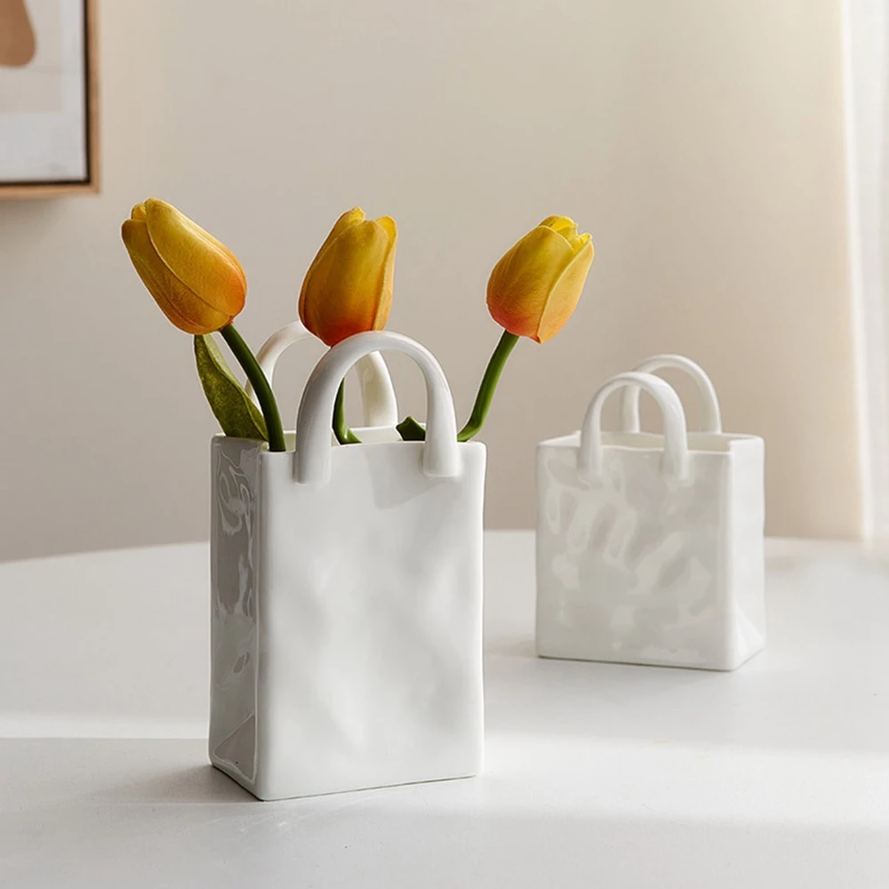 1PC Nordic Shopping Basket Ceramic Vase Bag Decoration Simple Dried
