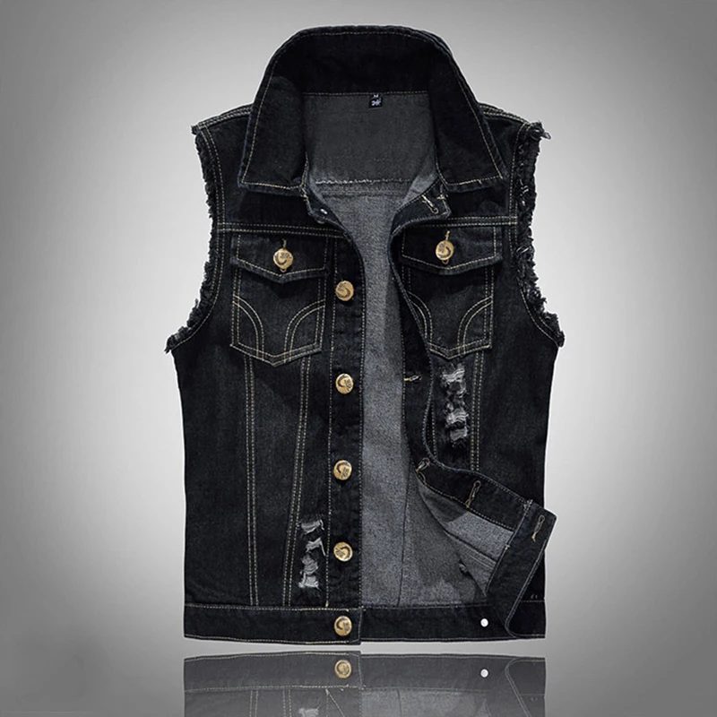 Мужской джинсовый жилет рваные джинсы с капюшоном без рукавов куртка Distressed jджинсовый осенний рваный джинсовый жилет без рукавов джинсы плюс размер D30