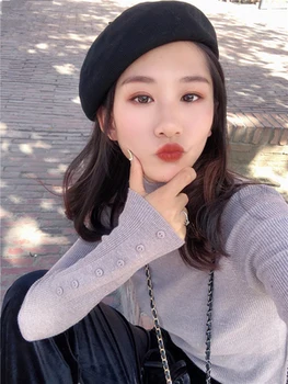 

NEW Women's T-shirt autumn and winter 2019 net red neck Pullover stripe color matching bottom with long sleeve