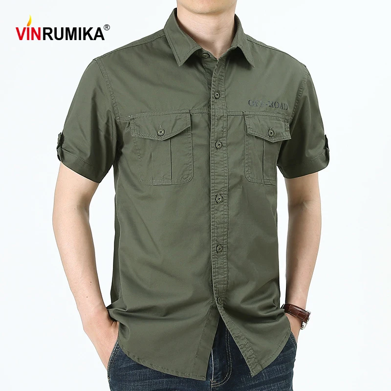 

Large Size S-7XL Summer Men's Military Casual Shirts Male 100% Cotton Khaki Loose Short Sleeve Shirt Army Green Black Blue Tops