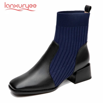 

Lanxuryee stretch boots real leather all-match mixed colors square toe thick med heel slip on gentlewomen soft ankle boots L8f1