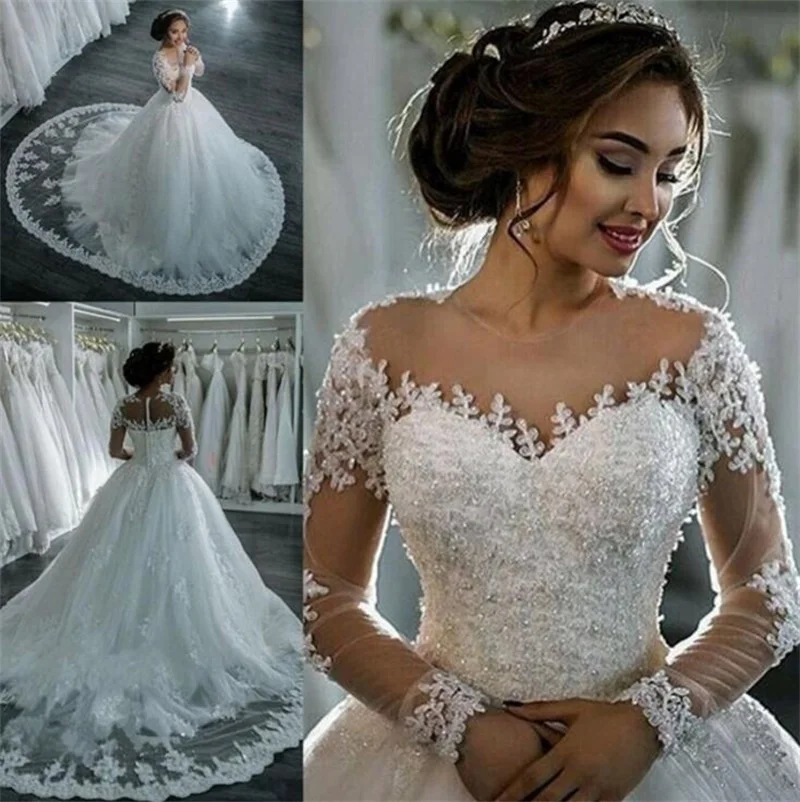 Vestidos-De-Noiva-2019-New-Elegant-A-Line-Long-Sleeve-Wedding-Dress-Tulle-Appliques-Beaded-Princess