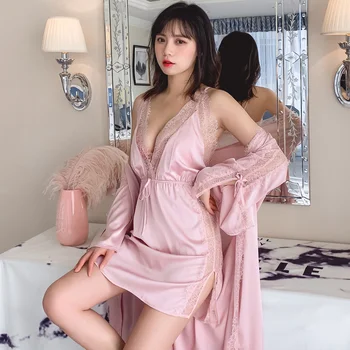 

Women Pajamas Sleepwear Silk 2 Pieces Nightwear Pajama Spaghetti Strap Lace Sleep Lounge Pajama