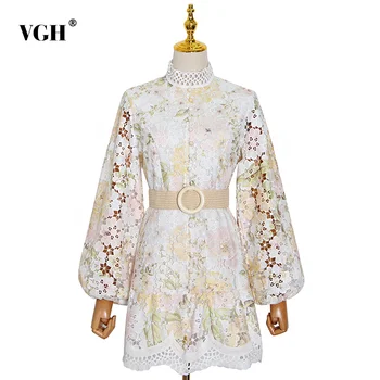 

VGH Print Dress For Women O Neck Lantern Long Sleeve Lace Hollow Out High Waist Sashes Dresses Female 2020 Summer New Style Tide