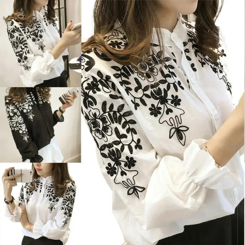 

Korean Fashion Blouses Shirts Women Long Sleeve Embroidery Flower Blouse Shirts Tops ropa mujer Plus Size
