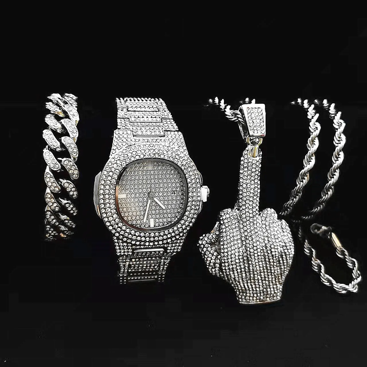 3pcs Iced Out Watch Necklace Bracelet Men Luxury Diamond Date Gold Watch Men Bling Hip Hop Middle Finger Pendant Chains Jewelry