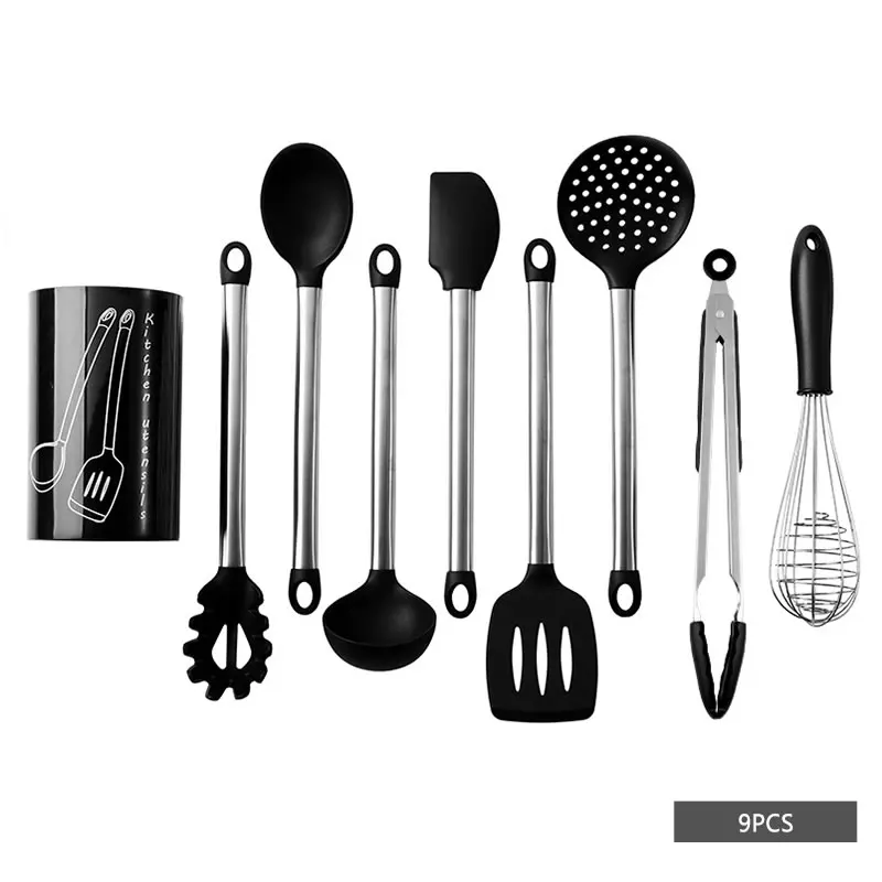 with Holder 8Pcs Silicone Cooking Tools Set Turner Spatula Pasta Scoop Soup Ladle Spoon Scraper Egg Whisk Tongs with Holder Kitchen Utensils - Цвет: with Holder