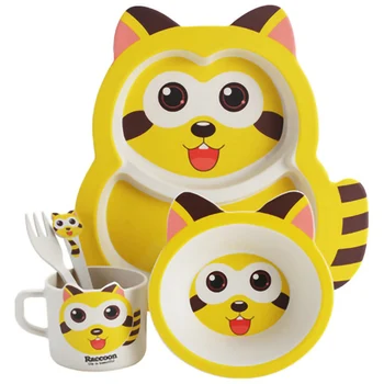 

5Pcs/Set Baby Dish Training Tableware Children Cute Raccoon Feeding Food Dishes Kids Dinnerware with Bowl Cup Spoon Fork Plate