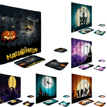 

4 Piece Halloween Shower Curtains Non-slip Bath Mat Base Carpet Cover Toilet Seat Cushion Set Halloween Bathroom Decoration
