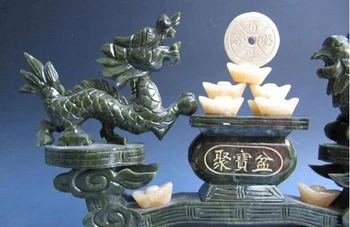 

819++++++11 Chinese Green Jade Fengshui Dragon Carved phenix Play Coin Money Art Statue