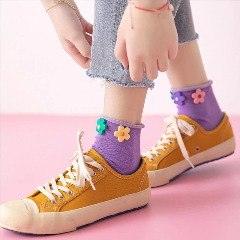 Korean Style Sweet Flower Socks Candy Color Cotton Breathable Women Ankle Socks Gifts For Girls 5 Colors