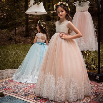 

New Arrival Girls O-neck Beading Ball Gowns Chapel Train Lace Appliques Flower Girls Princess Elegant Wedding Pageant Dresses