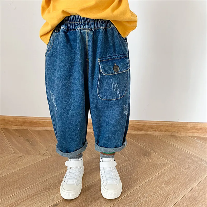 

2020 New Autumn Children's Solid Color Loose Casual Jeans Boys and Girls Korean Baby Pocket Ripped Trousers