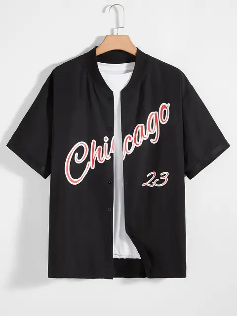 Men Letter Print Graphic Baseball Collar American Streetwear Style Causal Patchwork Plaid Basketball  Shirt black