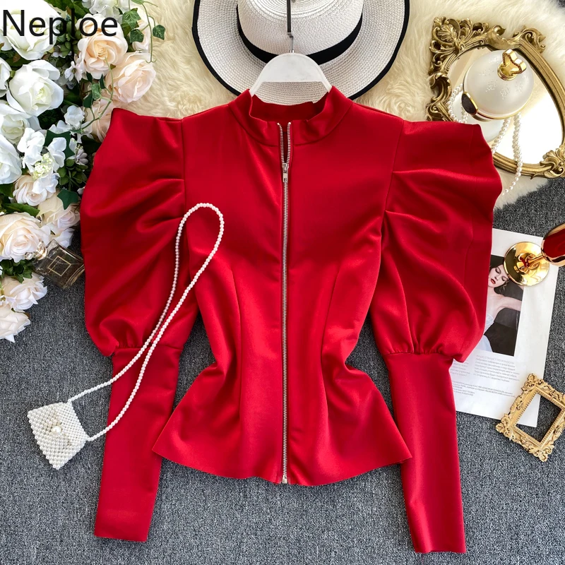 Neploe French Retro Stand Collar Puff Long Sleeve Blusas Slim Fit Zipper Pleat Blouse Autumn Spring 2020 New Solid Shirt 47913 Neploe French Retro Stand Collar Puff Long Sleeve Blusas Slim Fit Zipper Pleat Blouse Autumn Spring 2020 New Solid Shirt 47913
