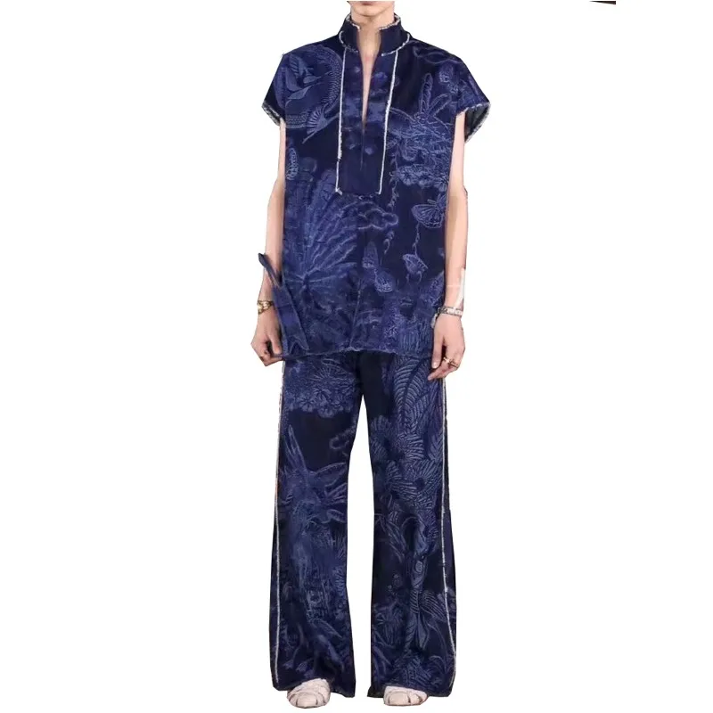 

Women Spring Sleeveless denim 2 Piece Set Flower Printing Denim Pants Blue High Waist Jeans Woman Casual 2020 Runway Design