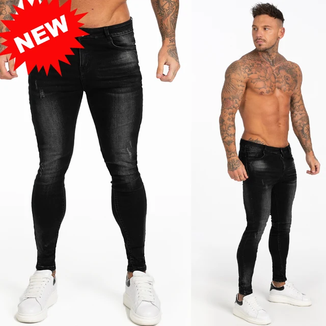GINGTTO Jeans Men Elastic Waist Skinny Jeans Men 2020 Stretch Ripped Pants Streetwear Mens Denim Jeans Blue washed black zm120