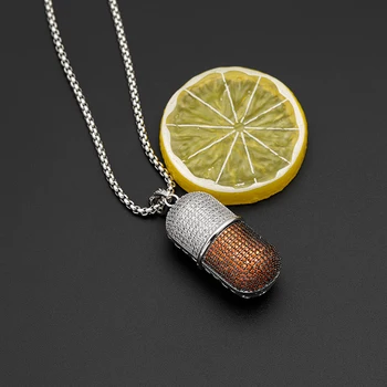 

Hip Hop Fashion Jewelry Pill DJ Fashion Decoration Necklace Can Open Capsules Pendant Cubic Zircon Copper Necklace Iced Unisex